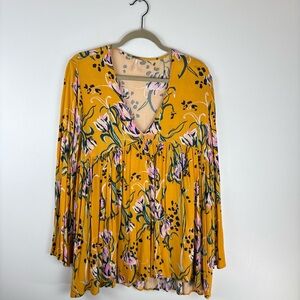 Free People Womens Small Blouse Floral V Neck Babydoll Tunic Top Fairy Orange